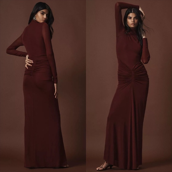 Ronny Kobo scorpio mock neck  ruched mesh jersey  burgundy maxi dress - Picture 5 of 13